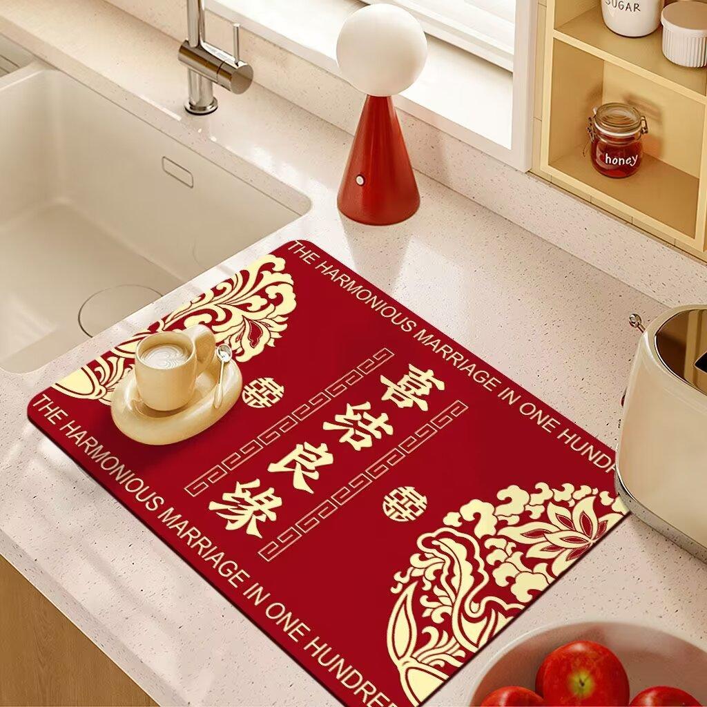 Wedding Drain Mat Red Festive Absorbent Soiled Mat Wash Table Technology Velvet Absorbent Coaster Bowl Mat