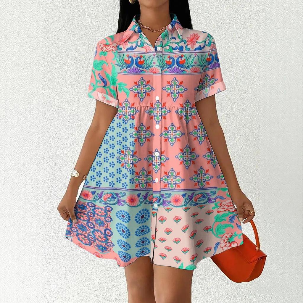 Casual Loose Fit Shirt Dress with Button Front and Stand Collar Short Sleeve Printed Summer Dress for Women