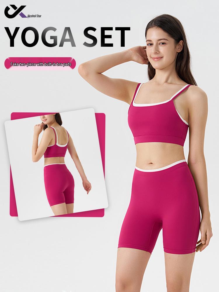 Damen Color-Block Yoga-Set: Dreiviertelhosen & BH mit dünnen Trägern