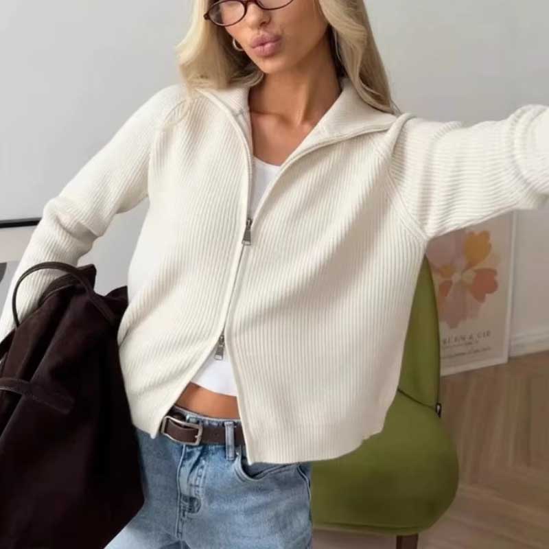 Knit Cardigan Double Zipper Women Sweater Long Sleeve Casual Drawstring Coat 2026 Autumn Winter Loose Fit Solid Color Jackets