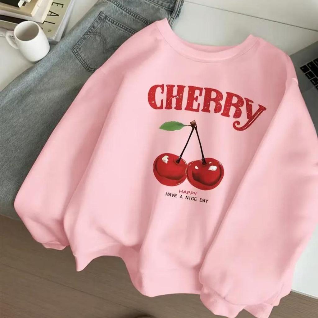 Women's Autumn Cherry Print White Round Neck Long Sleeve Loose Hoodie