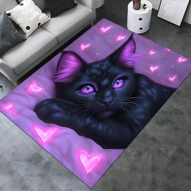 Charming Black Cat Chair Mat Office Carpet with Pink Hearts, Large Rug for Home Decor, Sofa Mat, Gift Idea for Any Room