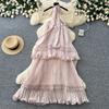 French Neck Sleeveless Backless Pleated Dress Women's Summer High Waist Cake Dress Fairy Vacation Style Long Dress