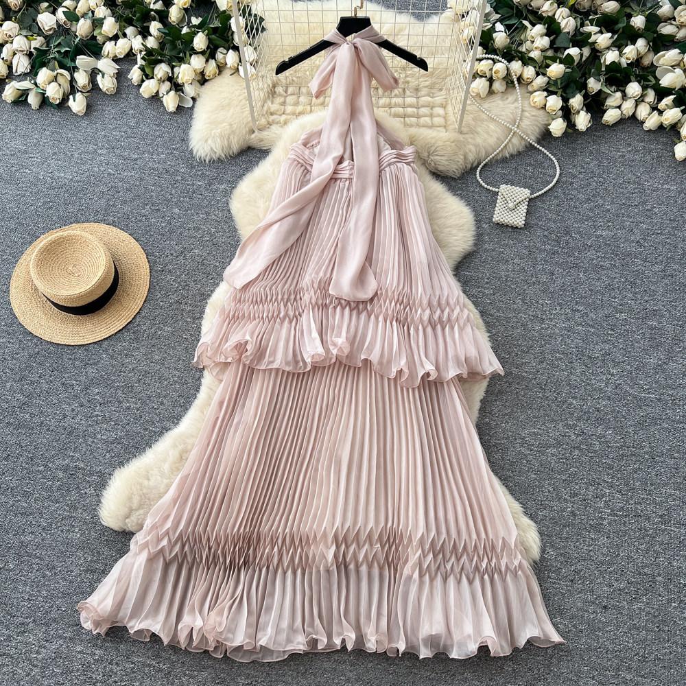 French Neck Sleeveless Backless Pleated Dress Women's Summer High Waist Cake Dress Fairy Vacation Style Long Dress