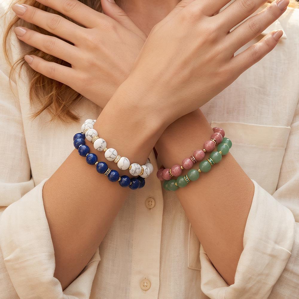 Elegant Semi-Precious Stone Beaded Bracelet - Light Luxury, High-End, Versatile Elastic Round Beads for Couples