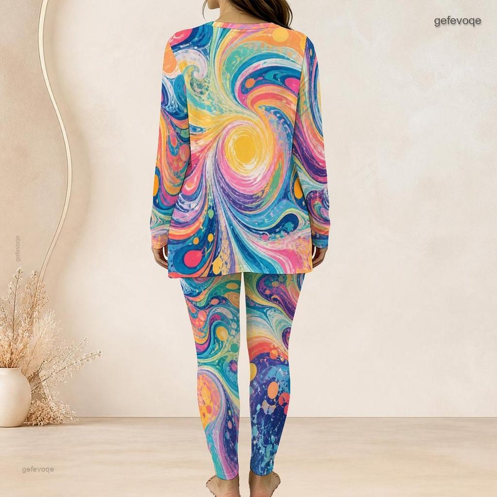 Women Plus Size Two Piece Pant Set Round Neck Long Sleeve Printed Pink Purple Longline Top And Fitted Pants