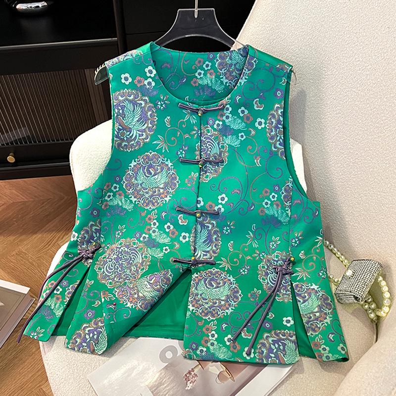 Women's Spring New Silk Brocade Tang Suit Vest with Frog Buttons