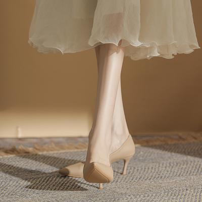 555-8 Nude High Heels Women's Thin Heels Spring and Summer French Soft Leather Pointed Temperament Professional Work Shoes