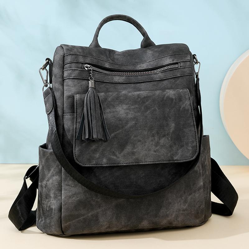 Women's Soft Leather Backpack Large Capacity Student Commuter Schoolbag Tassel Travel Backpack