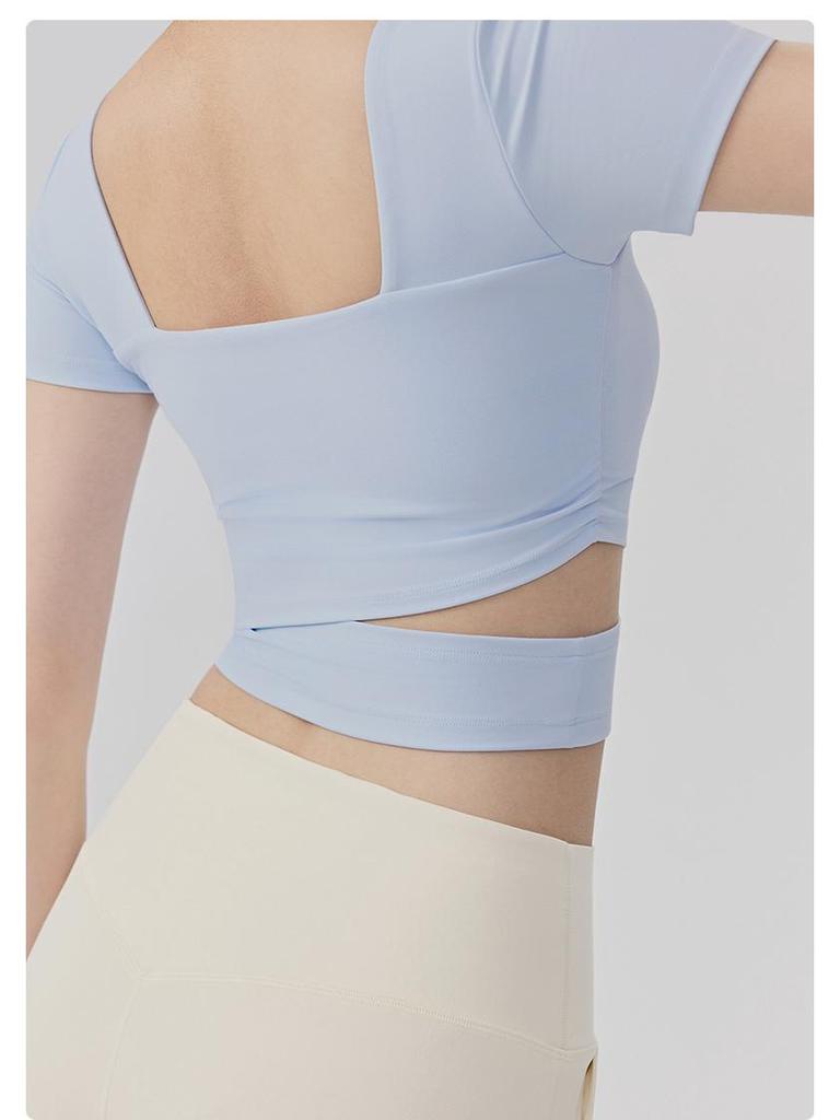 Women's Sexy Square Neck Short Sleeve Yoga Top with Chest Pads - Nude Feel Fitness and Pilates T-Shirt