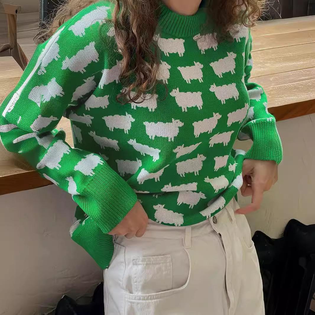 Круглый вырез альпака принтованный свитер осень и зима новый женский свободный — фото 6