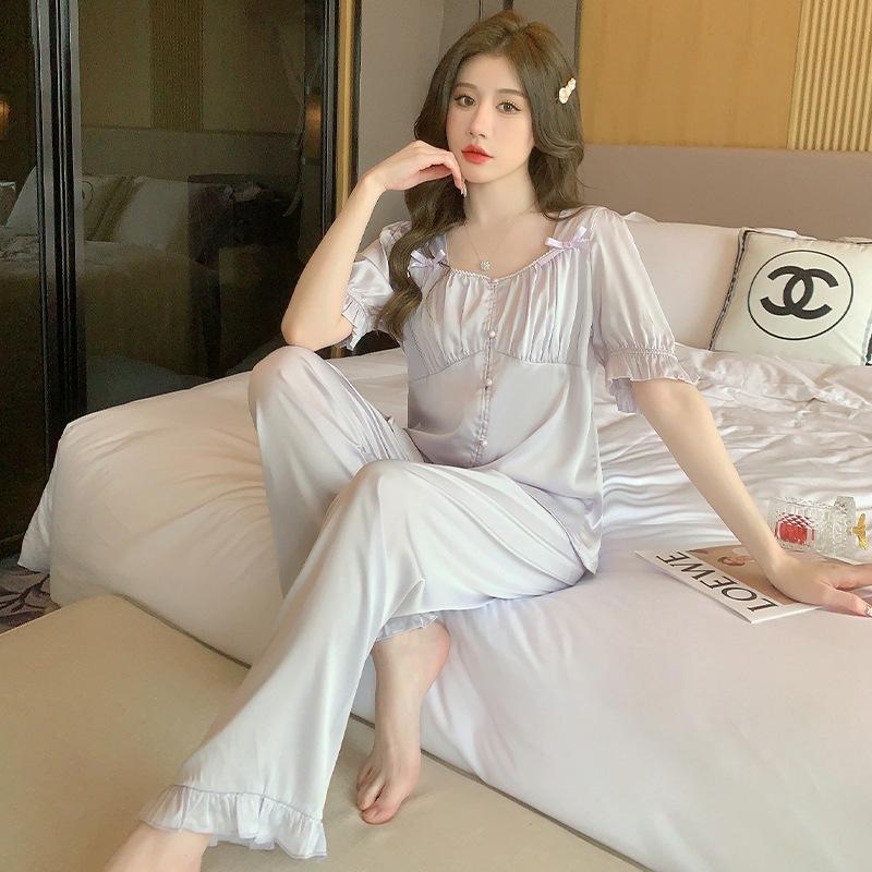 

WENS summer new product solid color elegant silky soft extra soft silk high-end luxury loungewear set pajamas women M