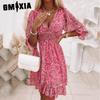GMXIA Summer Floral Print Mini Dresses Women Vintage Sexy A-Line V-Neck Half Sleeve Party Dress Female Casual Elegant Beach Dress
