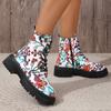Large-Size Boots – Autumn/Winter New European & American Printed Casual Round Toe Lace-Up Low-Heel High-Top Martin Boots for Women