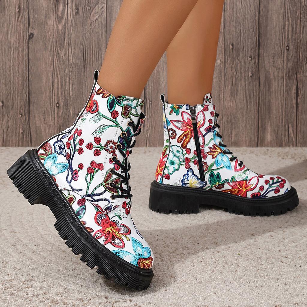 Large-Size Boots – Autumn/Winter New European & American Printed Casual Round Toe Lace-Up Low-Heel High-Top Martin Boots for Women