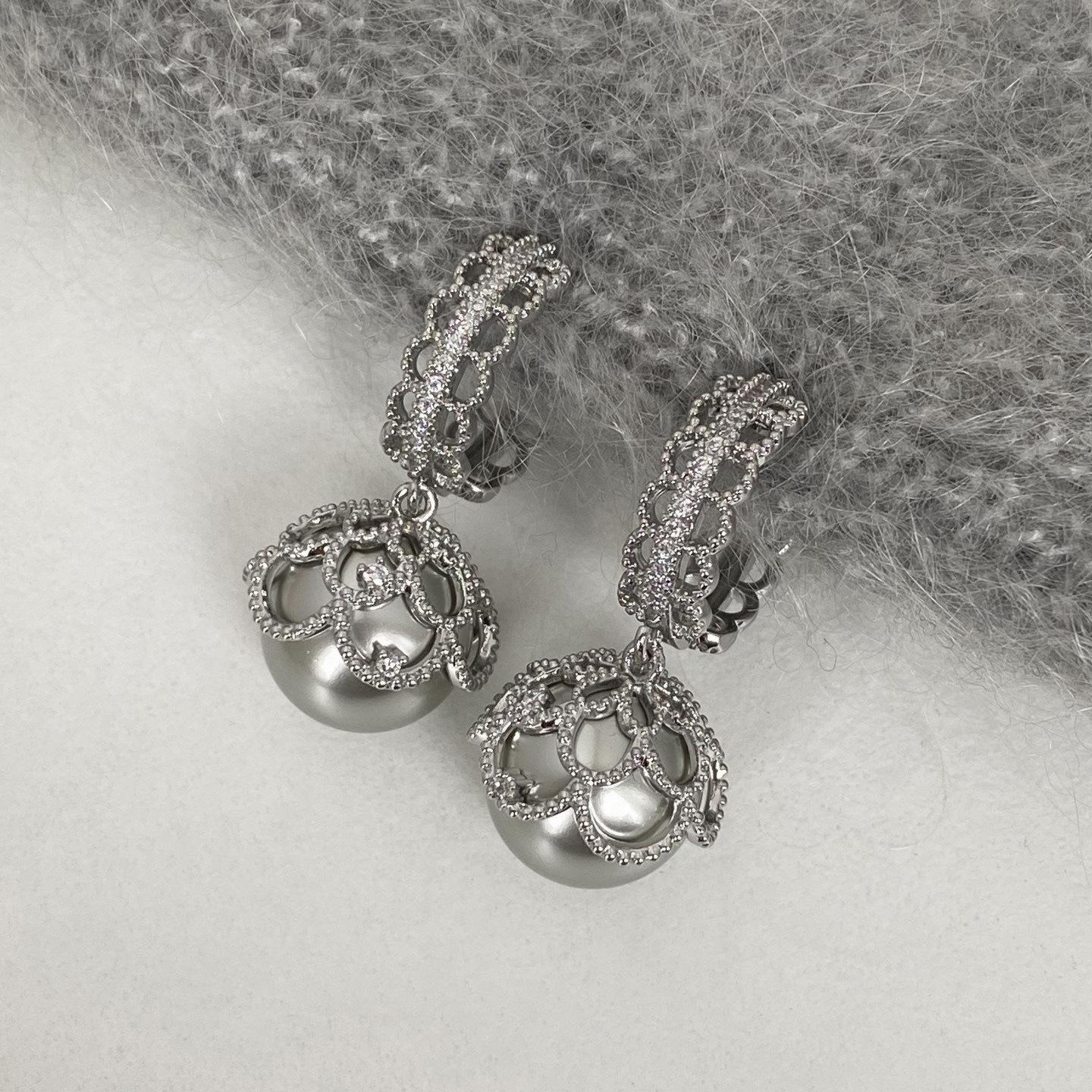 Court lace grey pearl earrings earrings earrings court silver ins light luxury