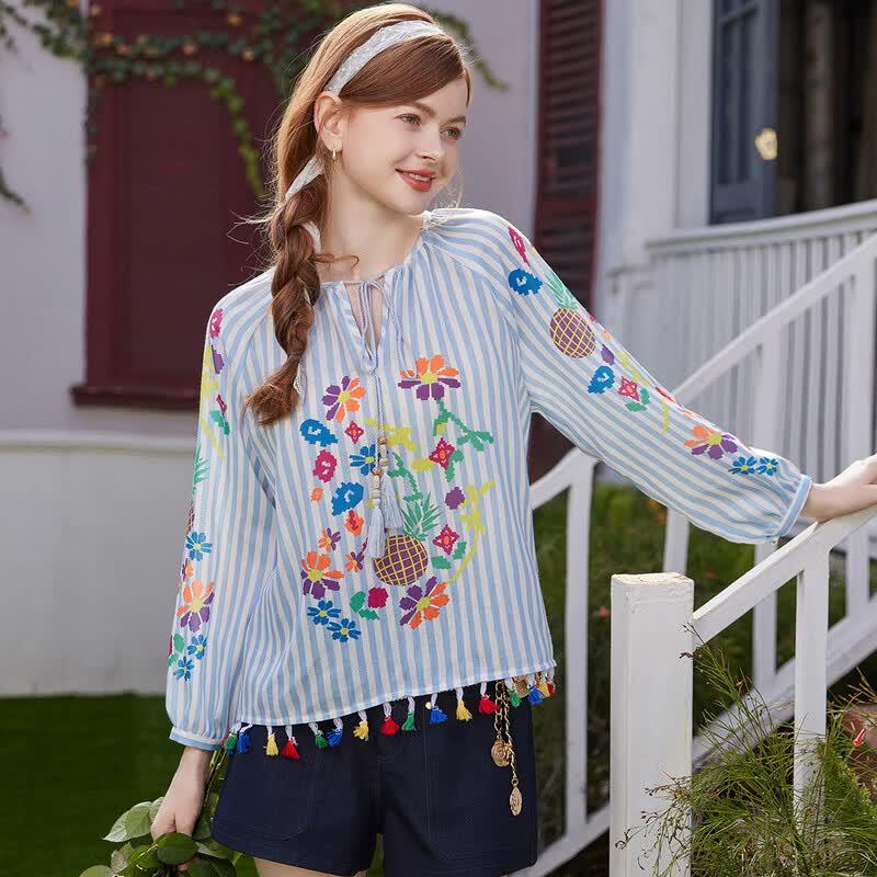 Bailuyu Women s Sweet Retro Striped Long Sleeve Blouse XL