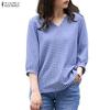 ZANZEA Women Grid Print Casual V-Neck 3/4 Sleeve Blouse