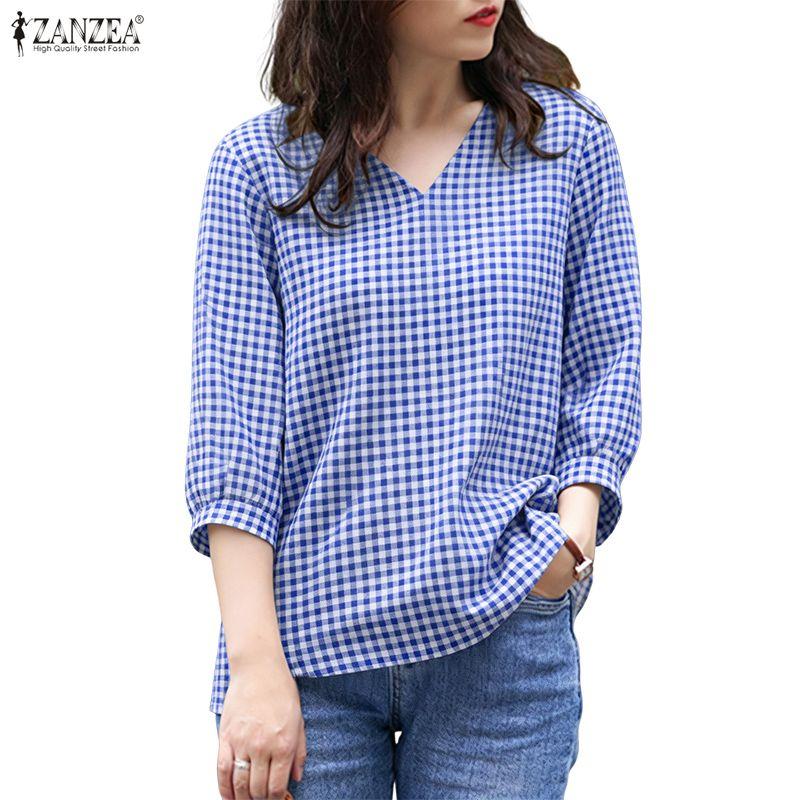 ZANZEA Women Grid Print Casual V-Neck 3/4 Sleeve Blouse
