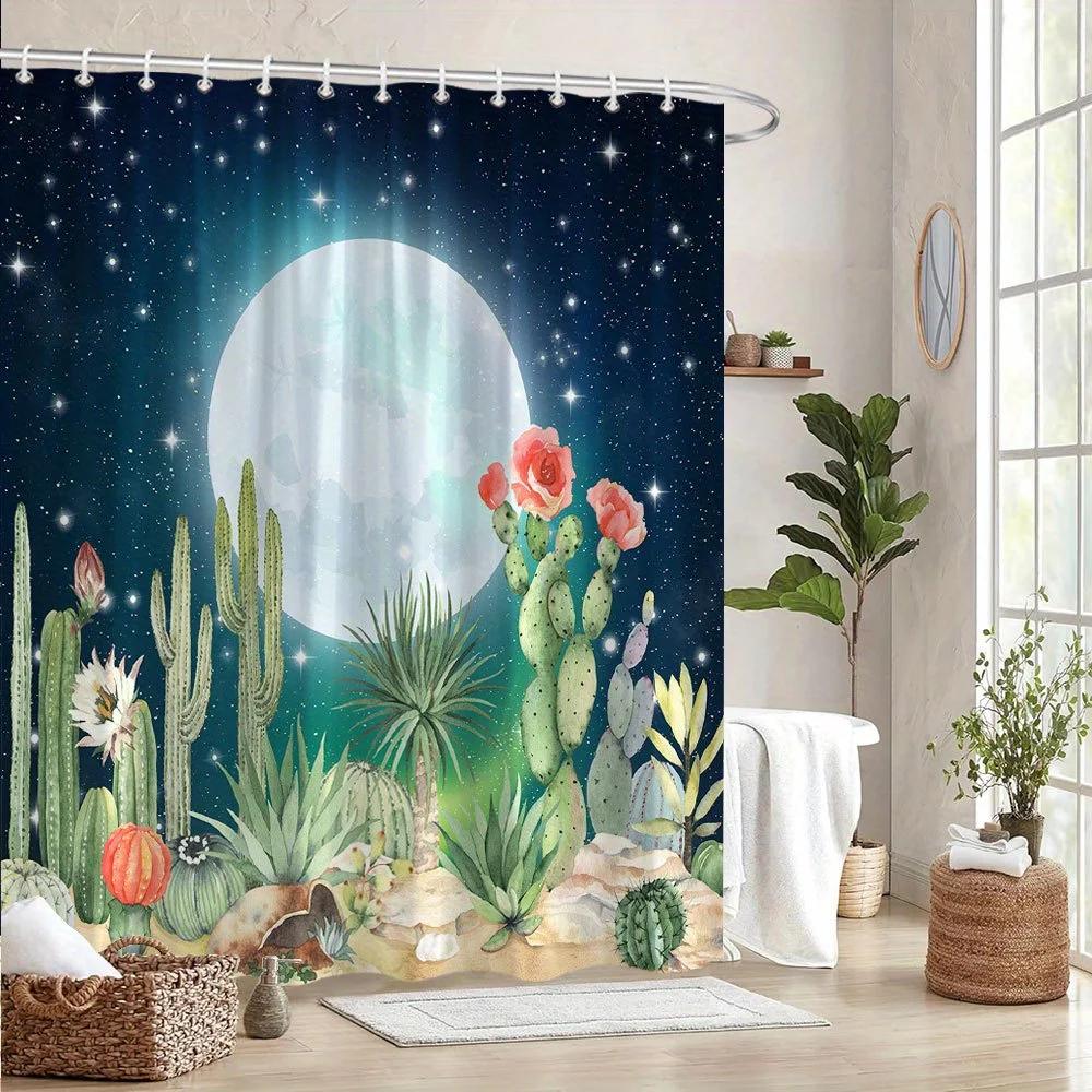 Dreamy Night Sky Shower Curtain - Full Moon & Cacti, Soft Watercolor Polyester, 12 Hooks, Vibrant Desert Landscape Bath Decor