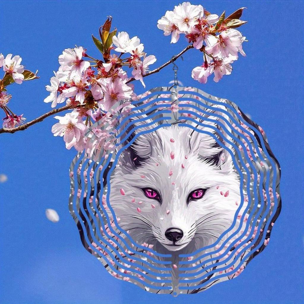 Rotating Wind Chime Pink Sakura Fox Pattern 3D Metal Garden Spinner Large Kinetic Wind Catcher Outdoor Decor Gift for Home Yard
