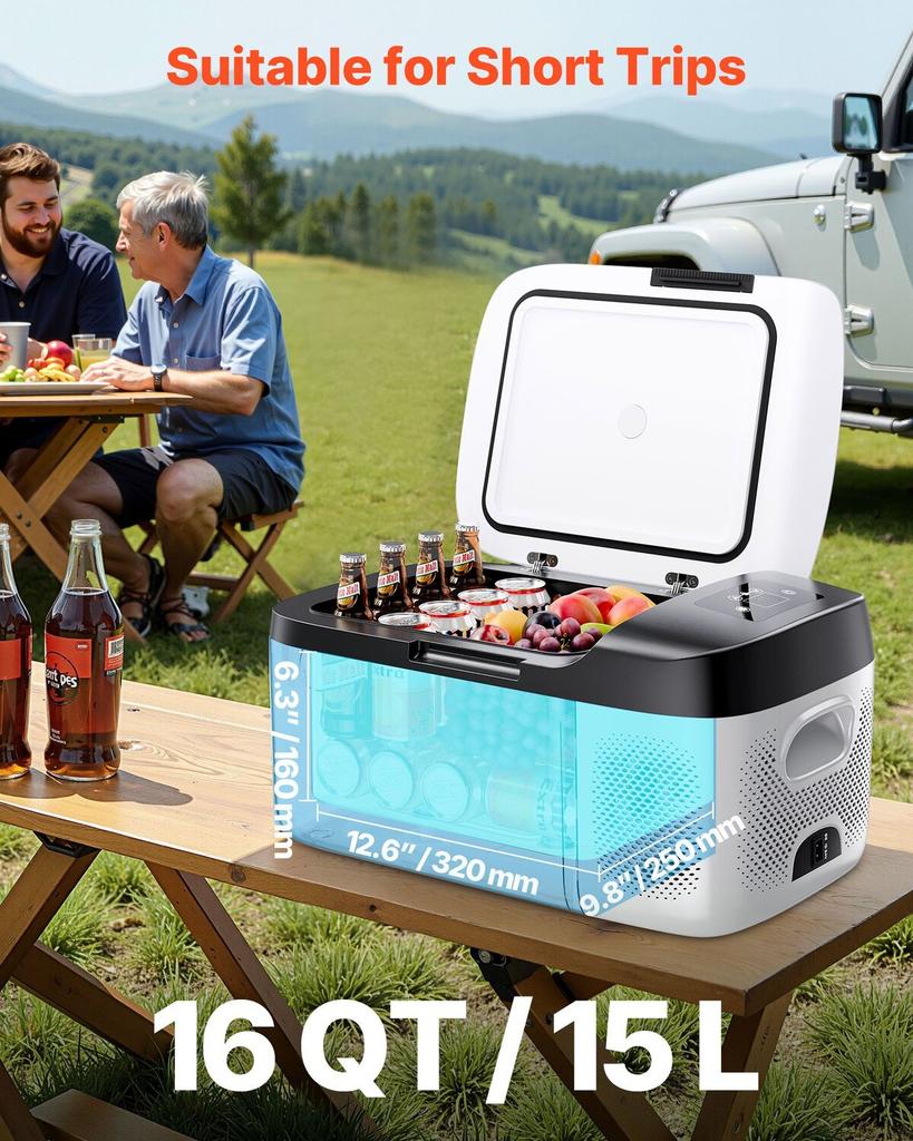 Frigorifero per Auto, Compressore Elettrico Raffreddatore DC 12/24V AC100-240V, da -20°C a 20°C Frigorifero per Auto con Controllo APP, Congelatore per Auto da 15L per Camper, Campeggi,