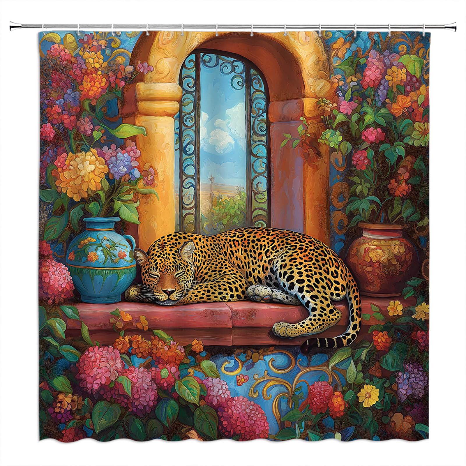 

Leopard Floral Shower Curtain, Wildlife Cheetah Flower Boho Animal Tropical Blue Yellow Pink Bathroom Decor, Waterproof W60H190(CM)-1 Pcs
