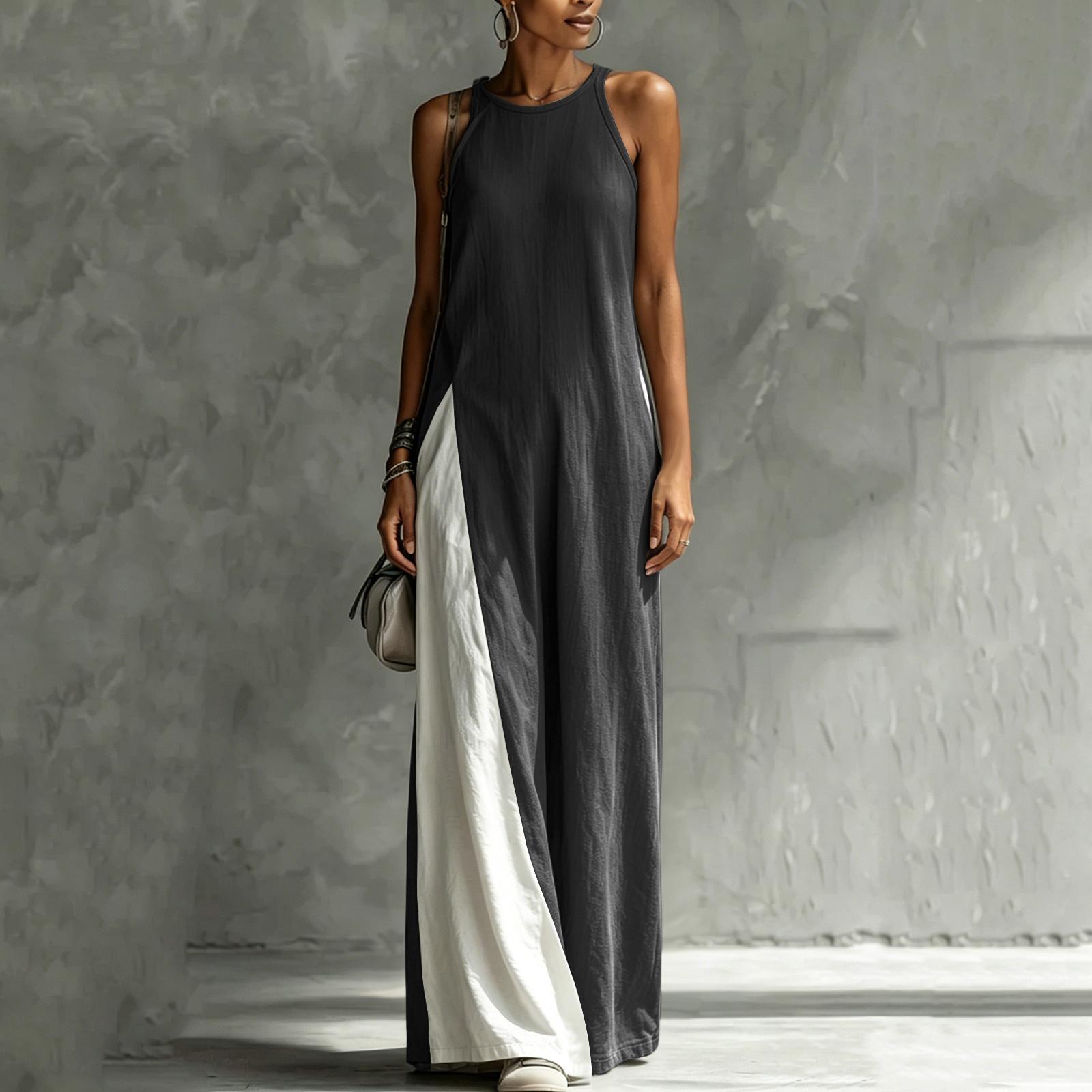 

Sleeveless Maxi Dress for Women Casual Loose Fit Crew Neck Long Dress with Side Panel Design for Daily Wear L чёрный