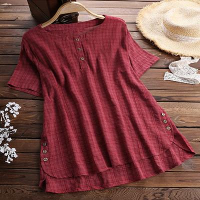 Women Summer Tops Short-Sleeved Round Neck Loose Fit Neckline Tee Shirt Buttons Solid Irregular Hem Color Thin