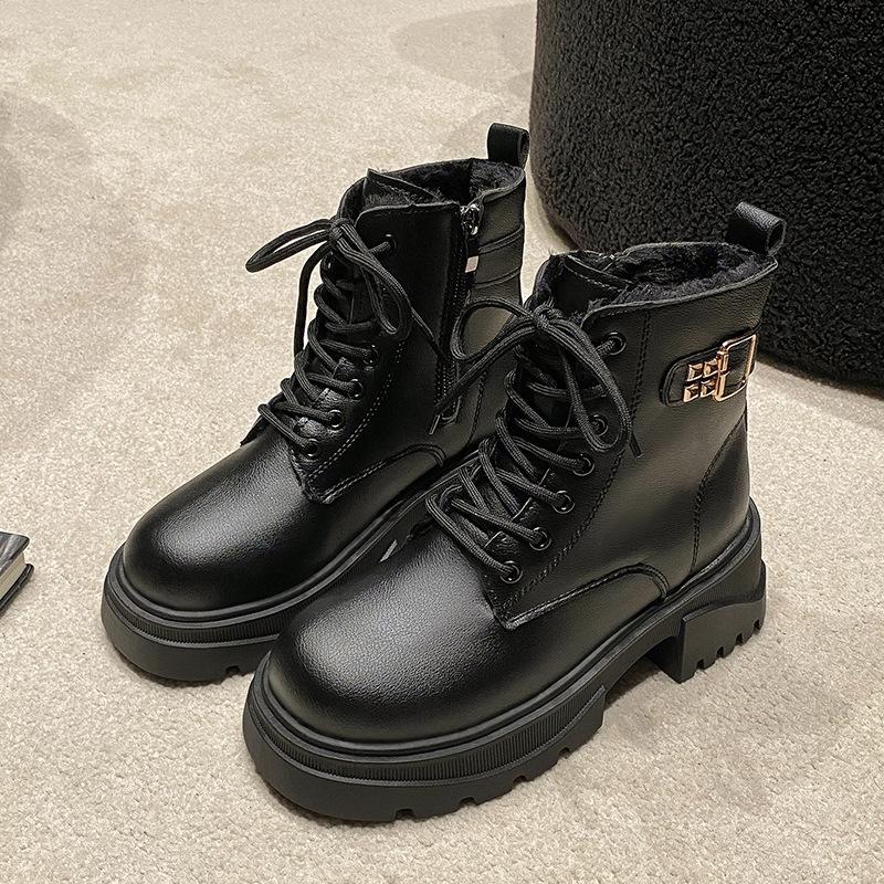 Mote Søte Ankel Dame Støvletter Vinter Snøring Glidelås Sko for Kvinner Hestesko Høye Hæler Varm Plysj Metallspenne Lær Moderne Støvletter Zapatos