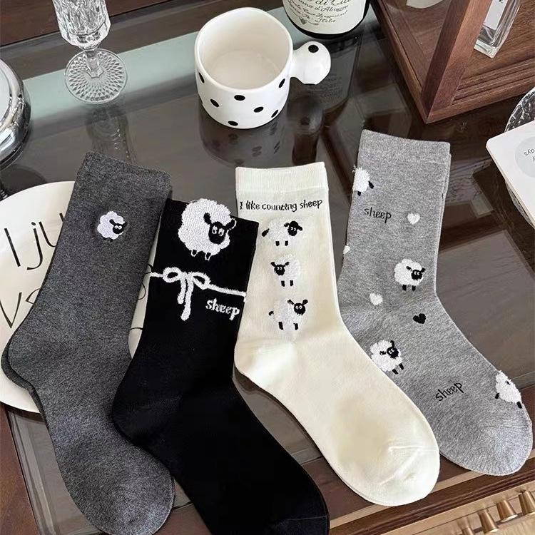2024 Autumn/Winter Flocked Sheep Cotton Socks - Japanese Academy Style Mid-Calf Cartoon Student Socks for Women
