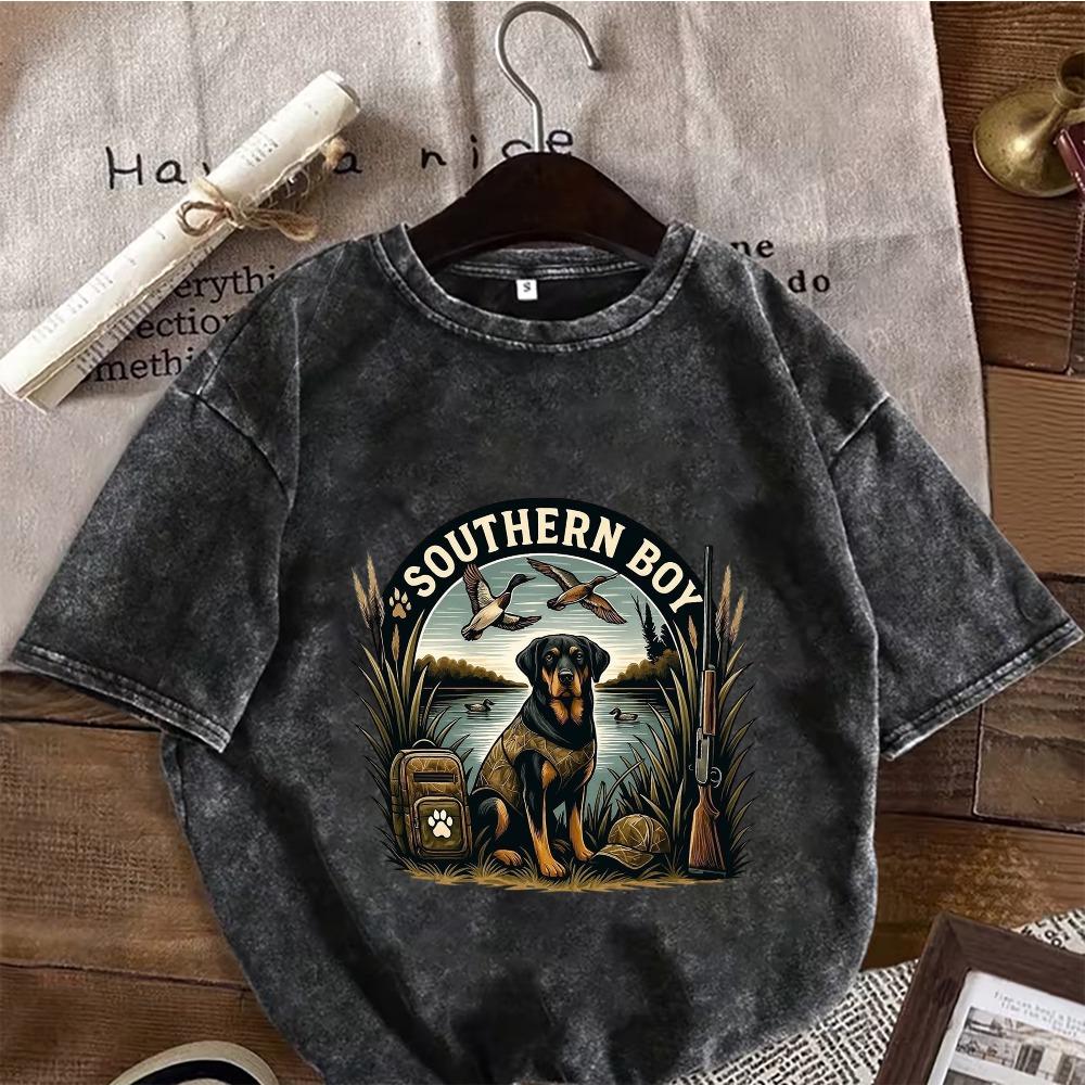 Vintage Washed Black Oversized T-Shirt Retro Hunting Dog Duck Print Streetwear Cotton Short Sleeve Crewneck Tee