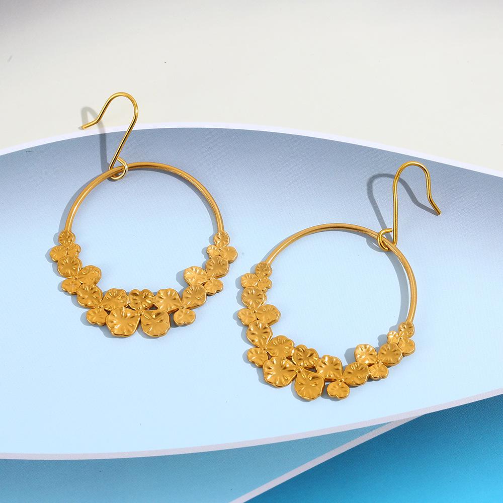 French Retro Aluminum & Stainless Steel Geometric Heart & Flower Earrings золотой