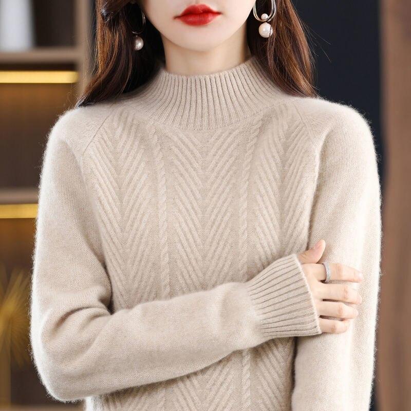 Suéter de cachemira pura para mujer, jersey de otoño e invierno, cuello medio alto, liso, informal, de manga larga, tejido de punto, jersey de parte inferior
