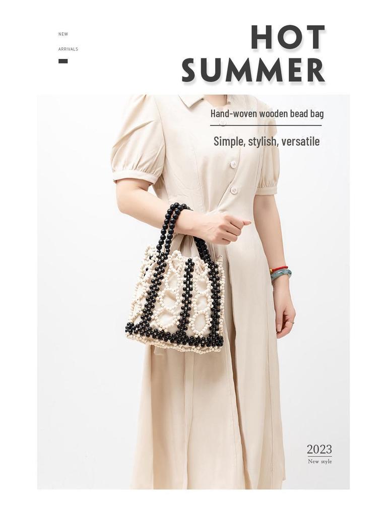ENSPT Damen Sommer Cross-Border Holzperlen Handtasche, Nischendesign, Vielseitig für den Arbeitsweg, Handgewebt