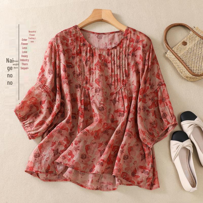 2025 Summer Floral Print Puff Sleeve Round Neck T-shirt