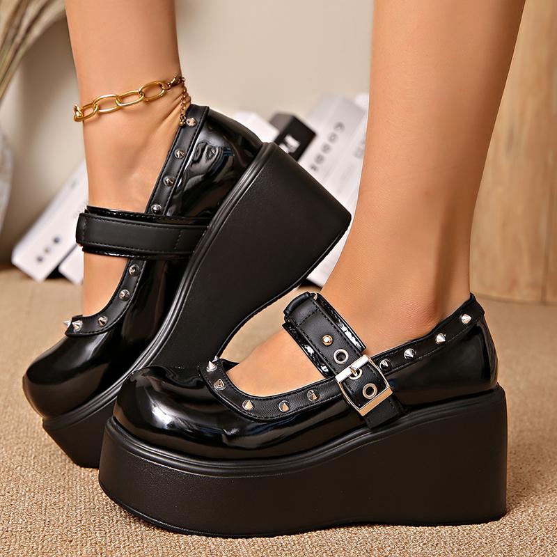 Fashion Rivet Decor Wedge Heel Pumps Women Fashion Buckle Strap Chunky Platform Loafers Woman Thick Sole Patent Leather Mary Jane Shoes