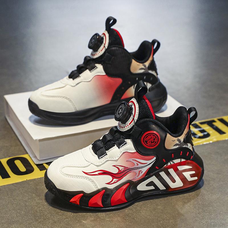 Spring and Autumn Children's Basketball Shoes Lightweight Shock Absorption Men's and Women's Sneakers Rotary Buckle Leather Surface Waterproof Single