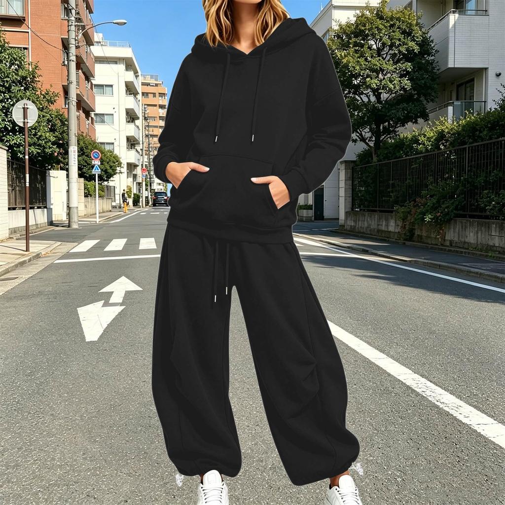 Women Casual Two Piece Set Hoodie Sweatshirt and Wide Leg Pants Drawstring Waist Relaxed Fit Lounge Outfit for Everyday Wear