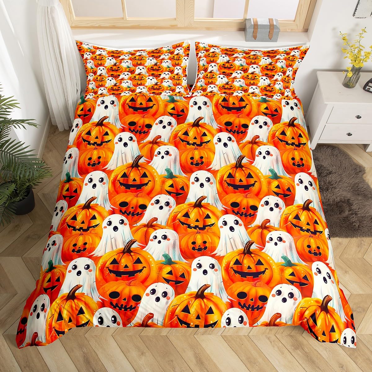 

Cartoon Ghost Duvet Cover Twin Queen Happy Halloween Bedding Set Orange Pumpkin Flowers Rustic Comforter Cover With 2 Pillowcase EU Single(135*200cm)3pcs