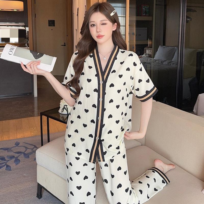 Short-sleeved New Love Cardigan Summer Pajamas Women's Bubble Wrinkled Short-sleeved Trousers Loungewear Set Sweet Temperament