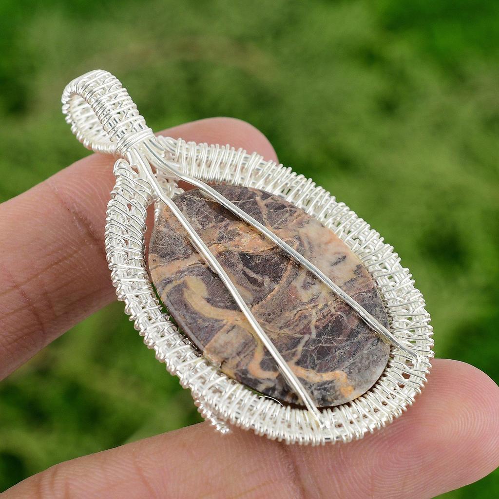 Daughters Day Sale 925 Silver Coconut Jasper Stone Wire Wrapping Sister Pendant