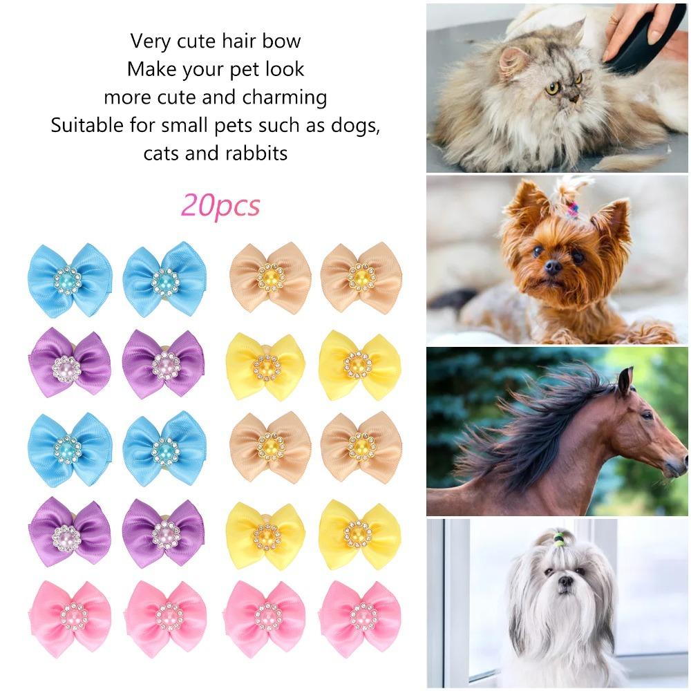 20pcs Soft Fabric Dog Hair Bows Assorted Colors Small Size Puppy Hair Rubber Bands Bow Knot Shape Elastic Rubber Band