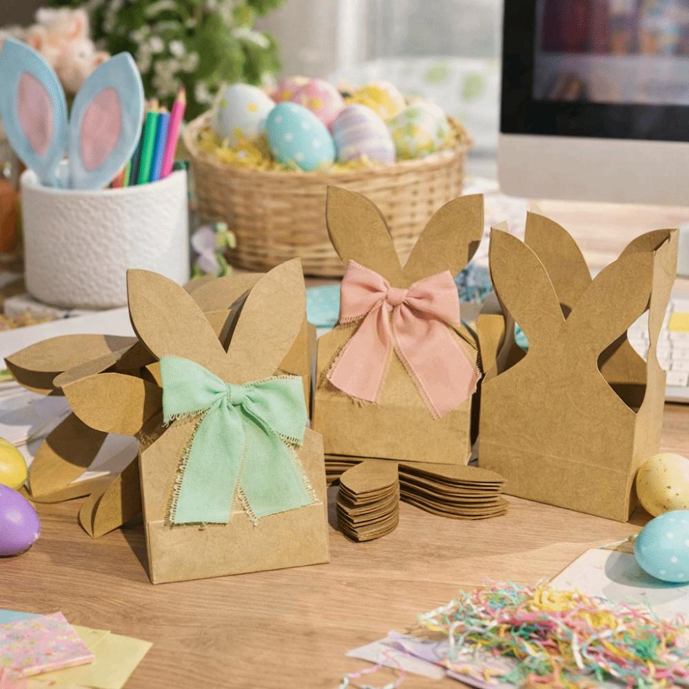12PCS with Ribbon Bow Easter Rabbit Candy Gift Box Cartoon Bunny Gift Bag  Easter Decoration