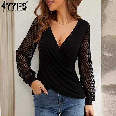 Women's Fashion Casual Spring Fall Solid Color Print Long Sleeve V-Neck Blouses & Shirts