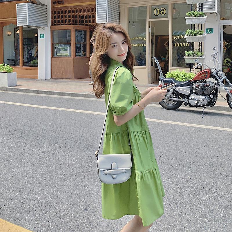 Sweet Summer Puff Sleeve Dress - Avocado Green Baby Doll Skirt