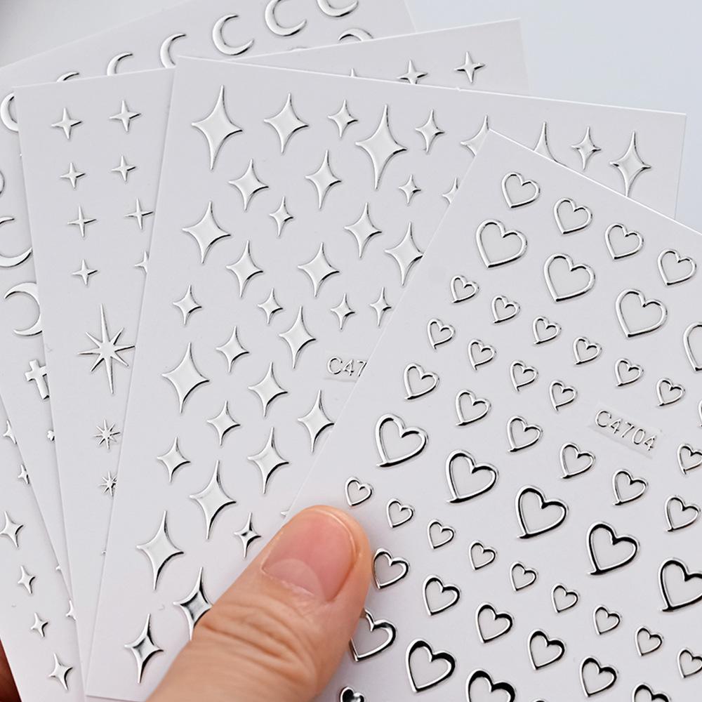 Mini Metallic Silver Nail Stickers: Star, Heart & Love Designs, Self-Adhesive, Small Size