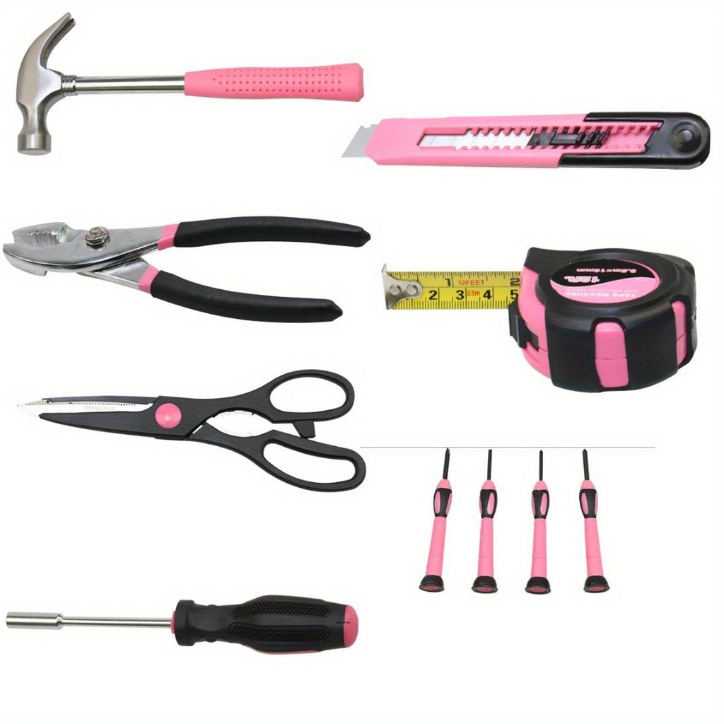 39 stücke Rosa Farbe Auto Auto Rosa Werkzeug Maßband Klaue Hammer Inbusschlüssel Schere Set Haushalts Reparatur Kit Box mechanik Teile