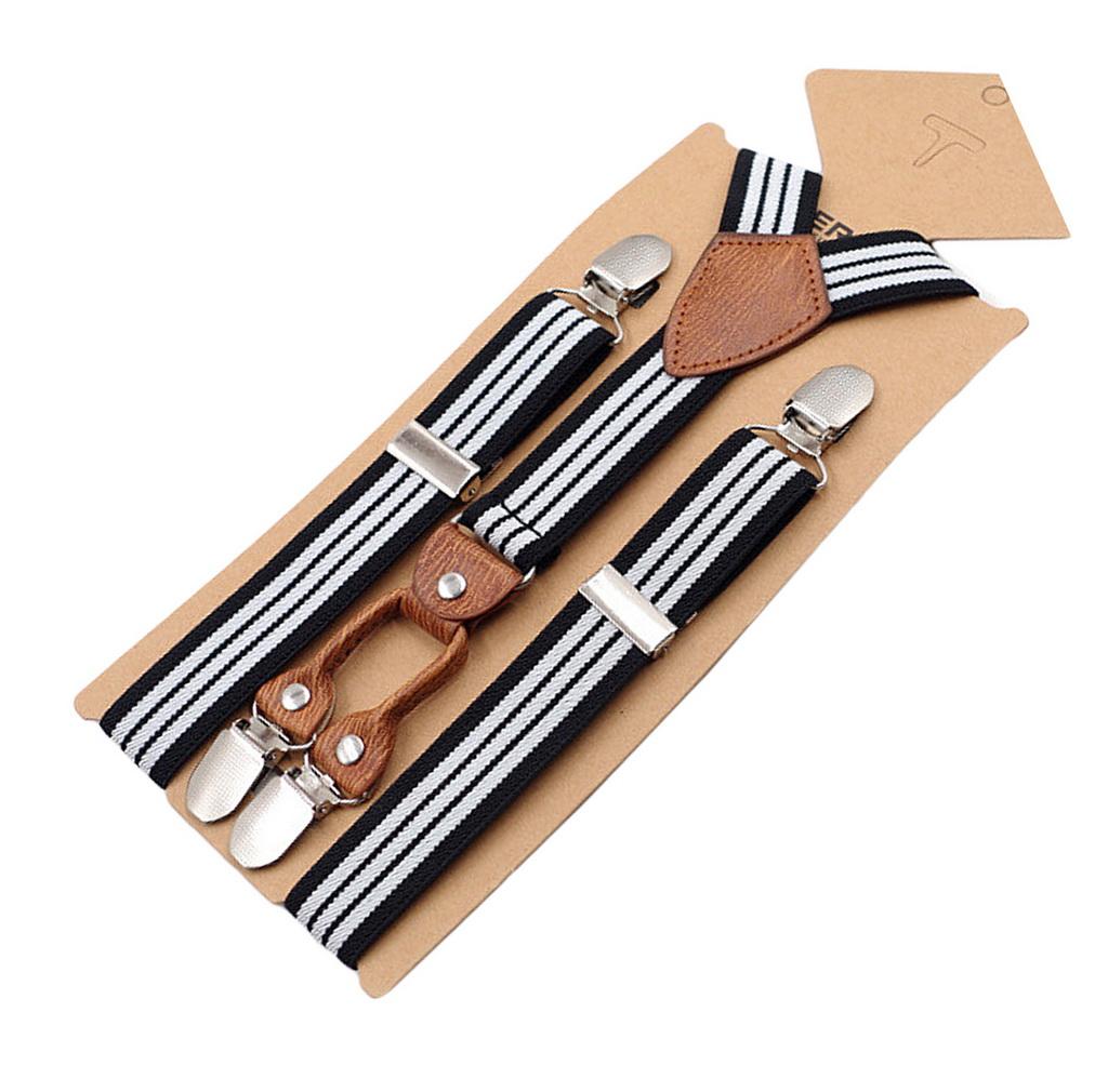 Kids Striped Suspenders 4 Clips Leather Elastic Braces for Boys Girls