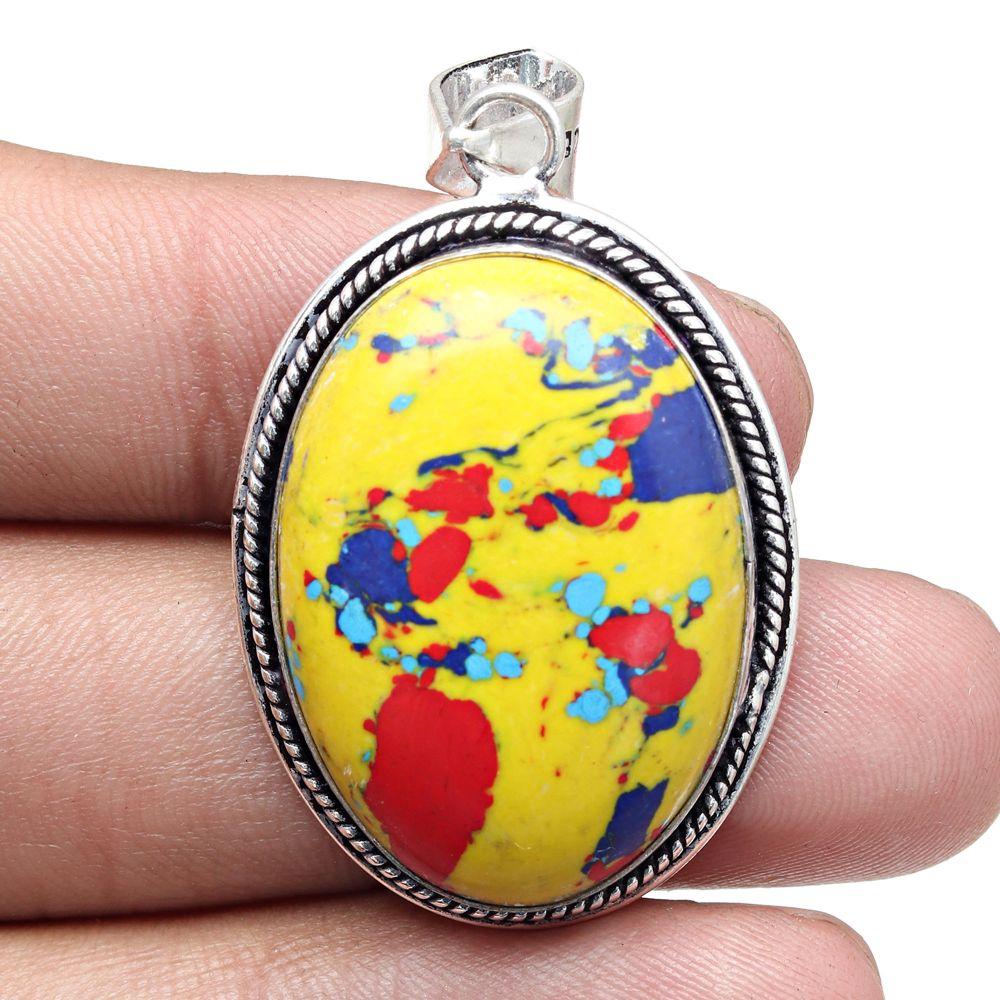 Pendant Mosaic Jasper Gemstone Handmade Gift For Her Silver Jewelry 1.75"